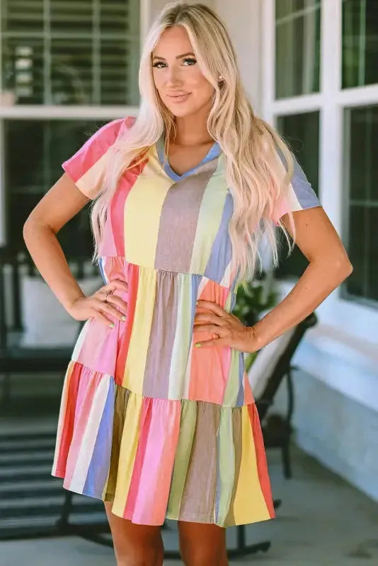 Red Multicolor Striped Color Block Tiered Mini Dress - Fashionfitz