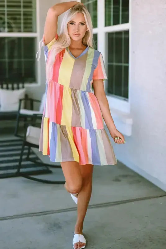 Red Multicolor Striped Color Block Tiered Mini Dress - Fashionfitz
