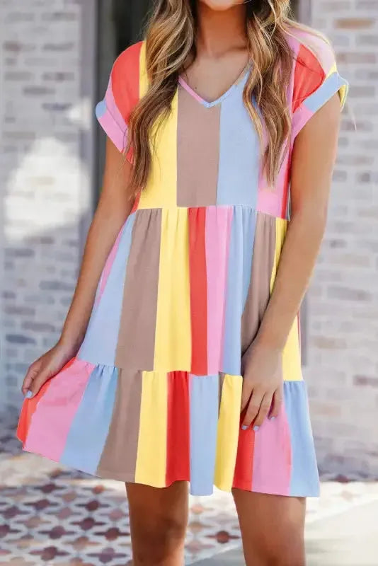 Red Multicolor Striped Color Block Tiered Mini Dress - Fashionfitz