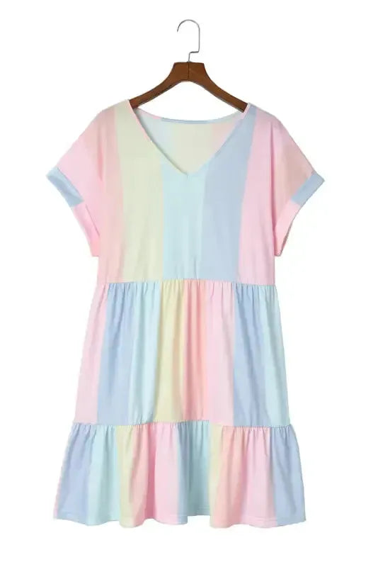 Red Multicolor Striped Color Block Tiered Mini Dress - Fashionfitz