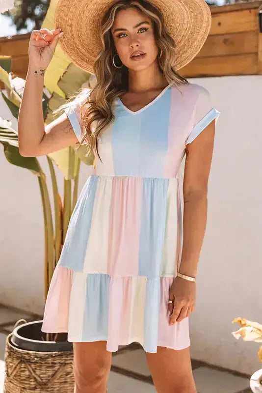 Red Multicolor Striped Color Block Tiered Mini Dress - Fashionfitz