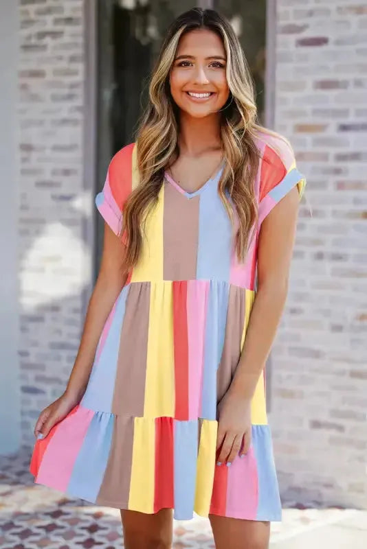 Red Multicolor Striped Color Block Tiered Mini Dress - Fashionfitz