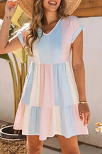 Red Multicolor Striped Color Block Tiered Mini Dress - Fashionfitz