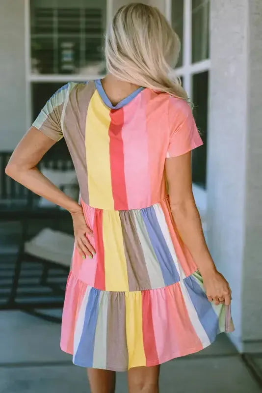 Red Multicolor Striped Color Block Tiered Mini Dress - Fashionfitz