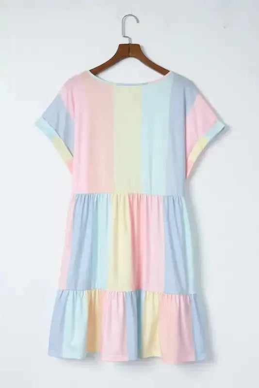 Red Multicolor Striped Color Block Tiered Mini Dress - Fashionfitz