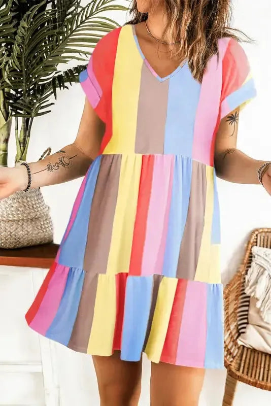 Red Multicolor Striped Color Block Tiered Mini Dress - Fashionfitz