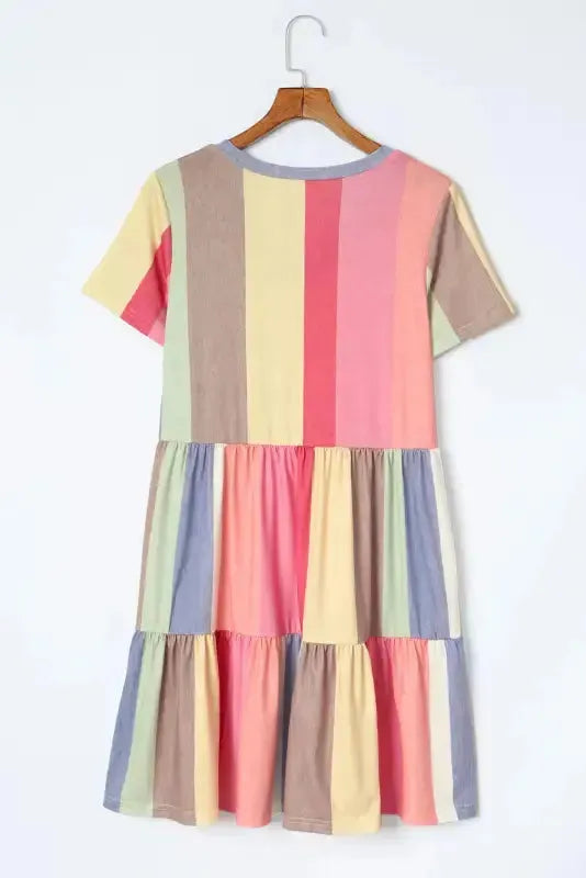 Red Multicolor Striped Color Block Tiered Mini Dress - Fashionfitz
