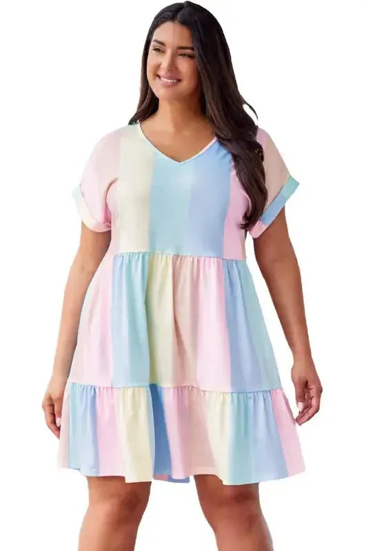 Red Multicolor Striped Color Block Tiered Mini Dress - Fashionfitz