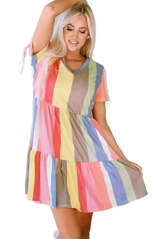 Red Multicolor Striped Color Block Tiered Mini Dress - Fashionfitz