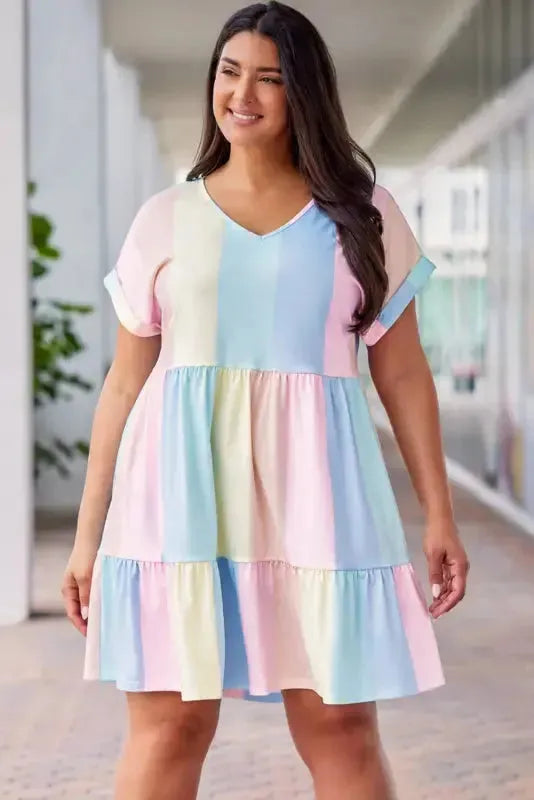 Red Multicolor Striped Color Block Tiered Mini Dress - Fashionfitz