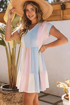 Red Multicolor Striped Color Block Tiered Mini Dress - Fashionfitz