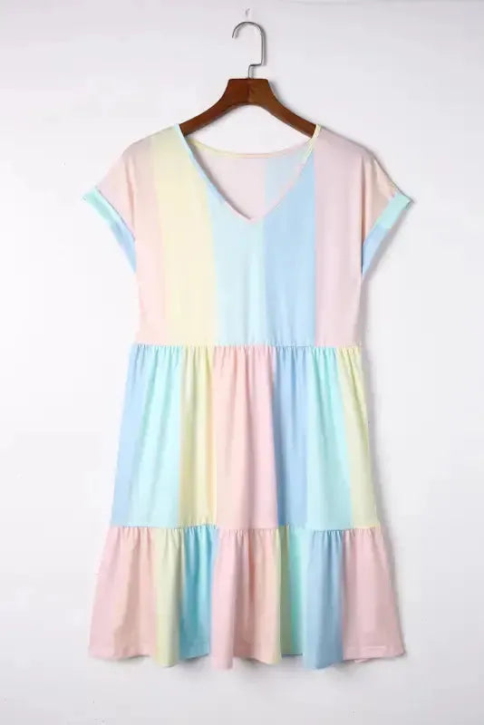 Red Multicolor Striped Color Block Tiered Mini Dress - Fashionfitz