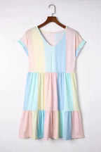 Red Multicolor Striped Color Block Tiered Mini Dress - Fashionfitz