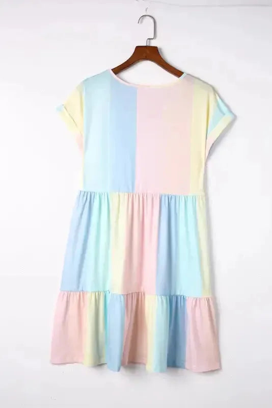 Red Multicolor Striped Color Block Tiered Mini Dress - Fashionfitz