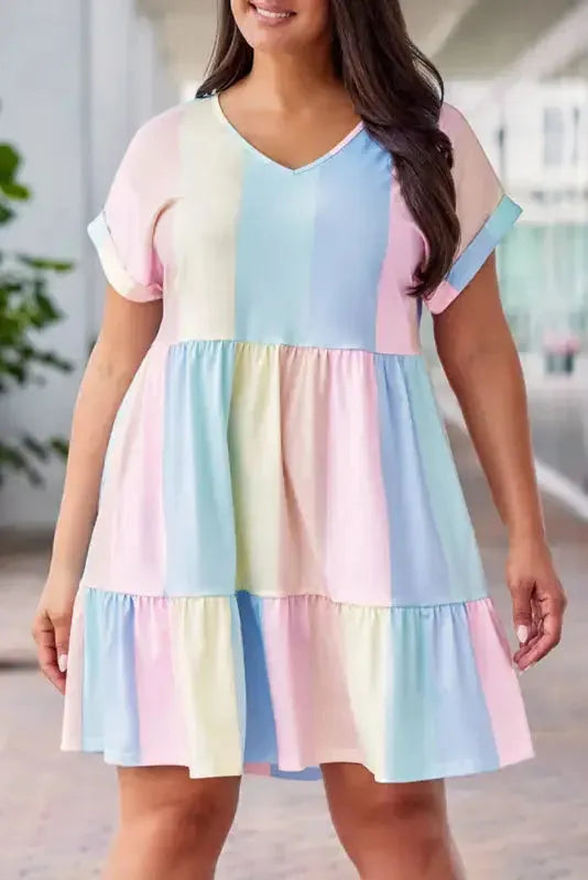 Red Multicolor Striped Color Block Tiered Mini Dress - Fashionfitz