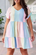 Red Multicolor Striped Color Block Tiered Mini Dress - Fashionfitz