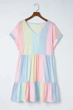 Red Multicolor Striped Color Block Tiered Mini Dress - Fashionfitz