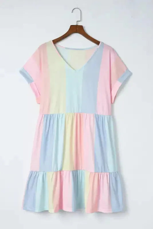 Red Multicolor Striped Color Block Tiered Mini Dress - Fashionfitz