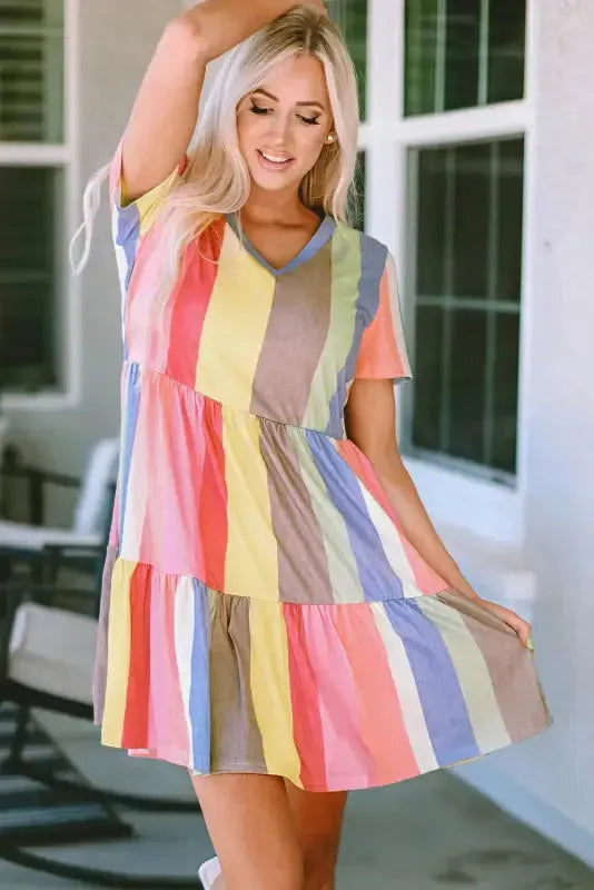Red Multicolor Striped Color Block Tiered Mini Dress - Fashionfitz