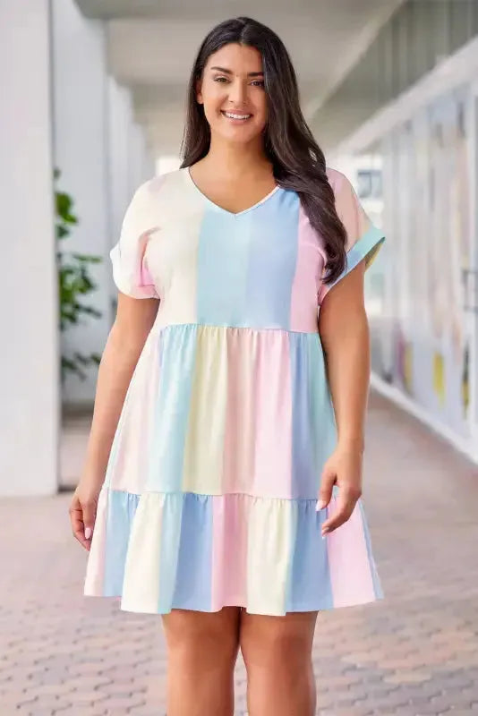 Red Multicolor Striped Color Block Tiered Mini Dress - Fashionfitz