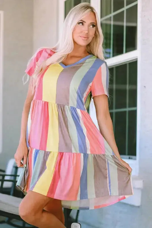 Red Multicolor Striped Color Block Tiered Mini Dress - Fashionfitz