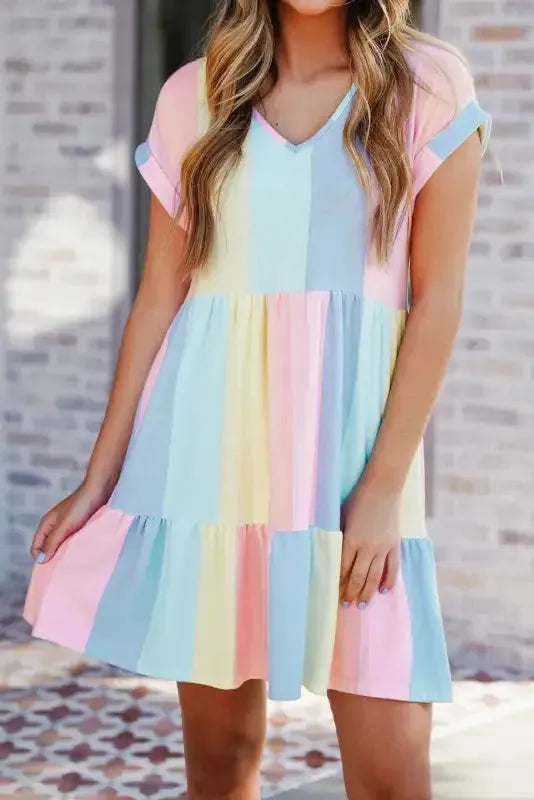 Red Multicolor Striped Color Block Tiered Mini Dress - Fashionfitz