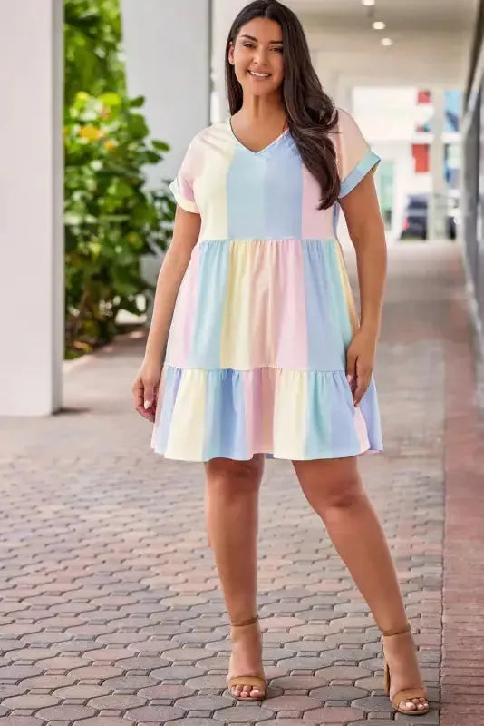 Red Multicolor Striped Color Block Tiered Mini Dress - Fashionfitz