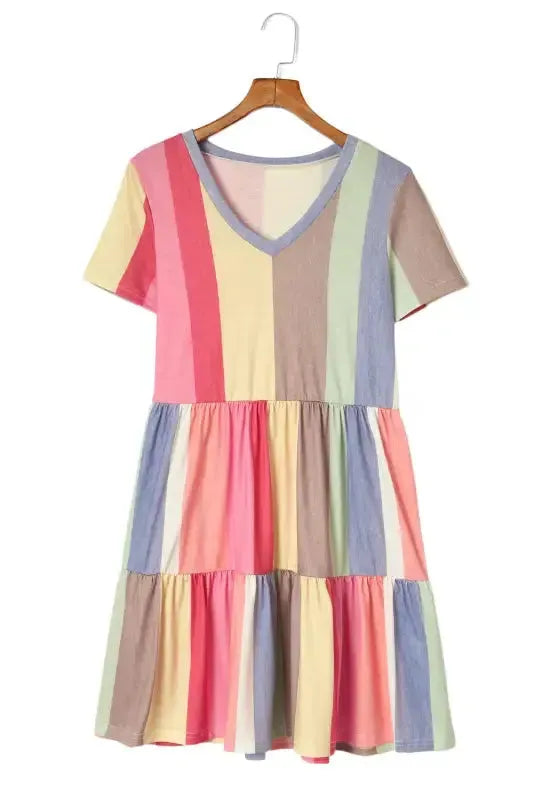 Red Multicolor Striped Color Block Tiered Mini Dress - Fashionfitz