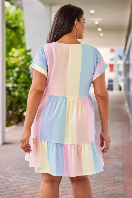 Red Multicolor Striped Color Block Tiered Mini Dress - Fashionfitz