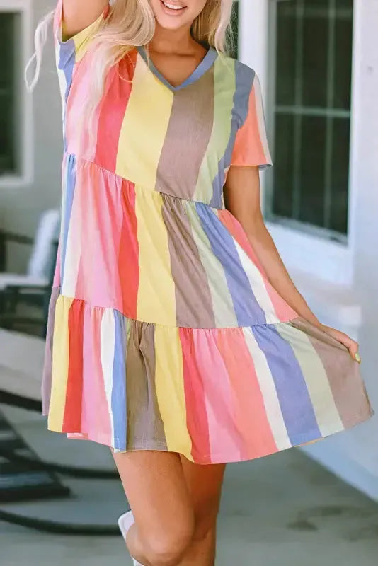 Red Multicolor Striped Color Block Tiered Mini Dress - Fashionfitz