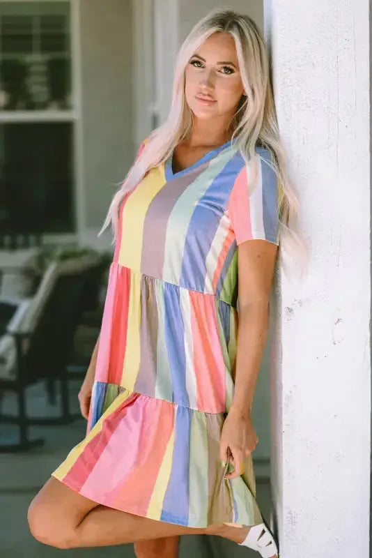 Red Multicolor Striped Color Block Tiered Mini Dress - Fashionfitz