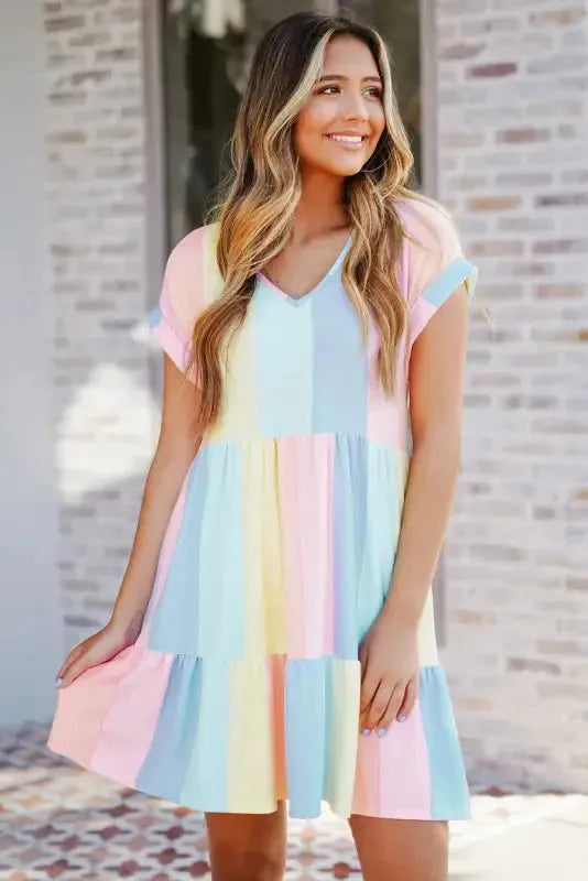 Red Multicolor Striped Color Block Tiered Mini Dress - Fashionfitz