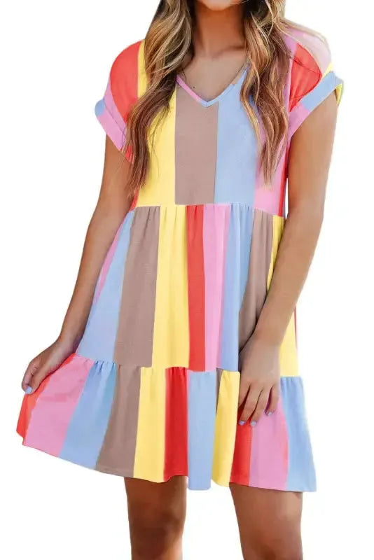 Red Multicolor Striped Color Block Tiered Mini Dress - Fashionfitz