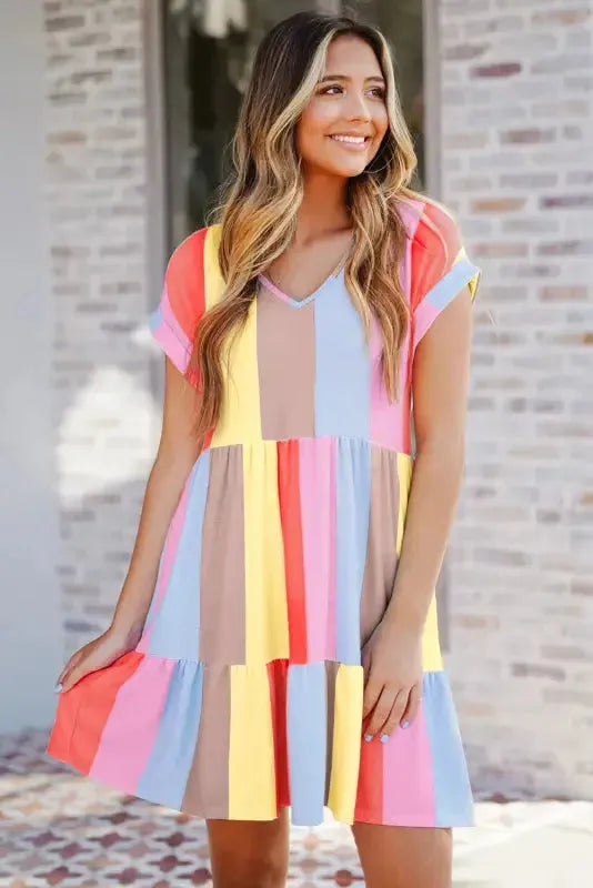 Red Multicolor Striped Color Block Tiered Mini Dress - Fashionfitz