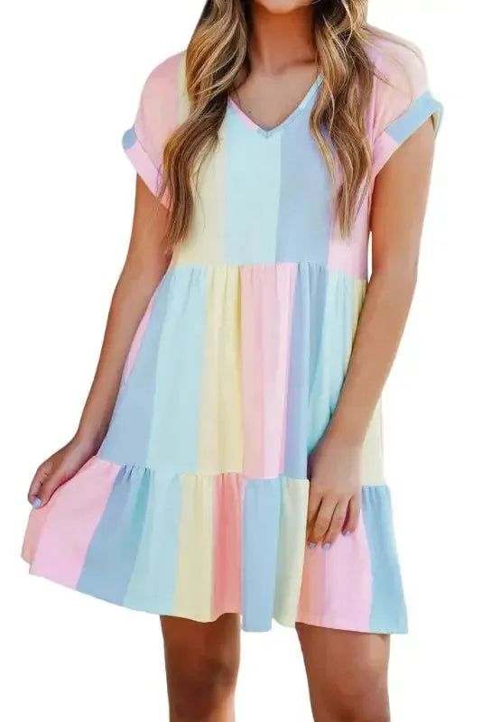 Red Multicolor Striped Color Block Tiered Mini Dress - Fashionfitz