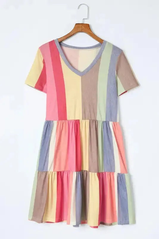 Red Multicolor Striped Color Block Tiered Mini Dress - Fashionfitz