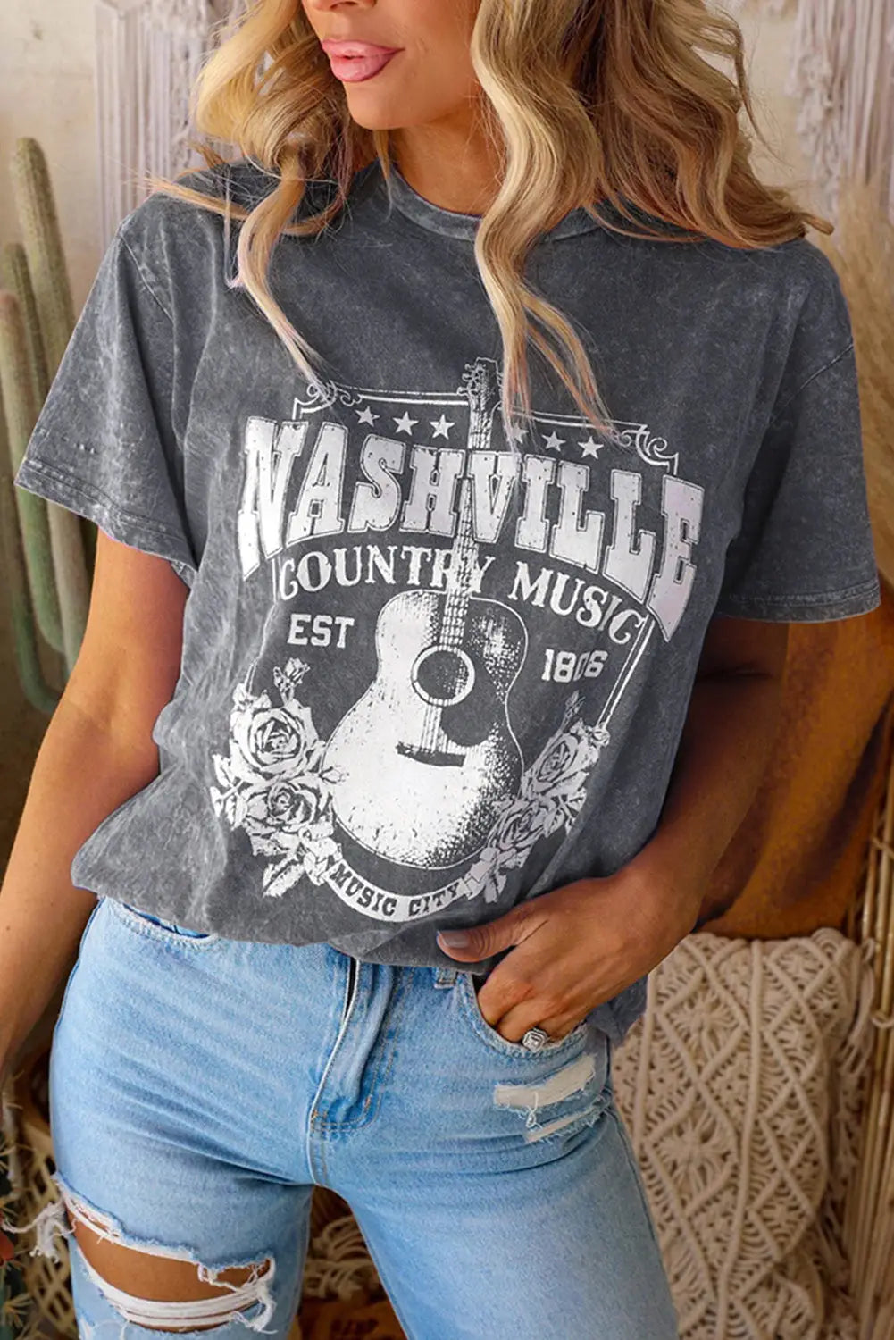 Red nashville music city graphic mineral washed tee - gray / s / 100% cotton - t-shirts
