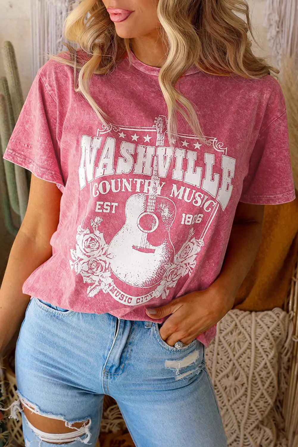 Red nashville music city graphic mineral washed tee - s / 100% cotton - t-shirts