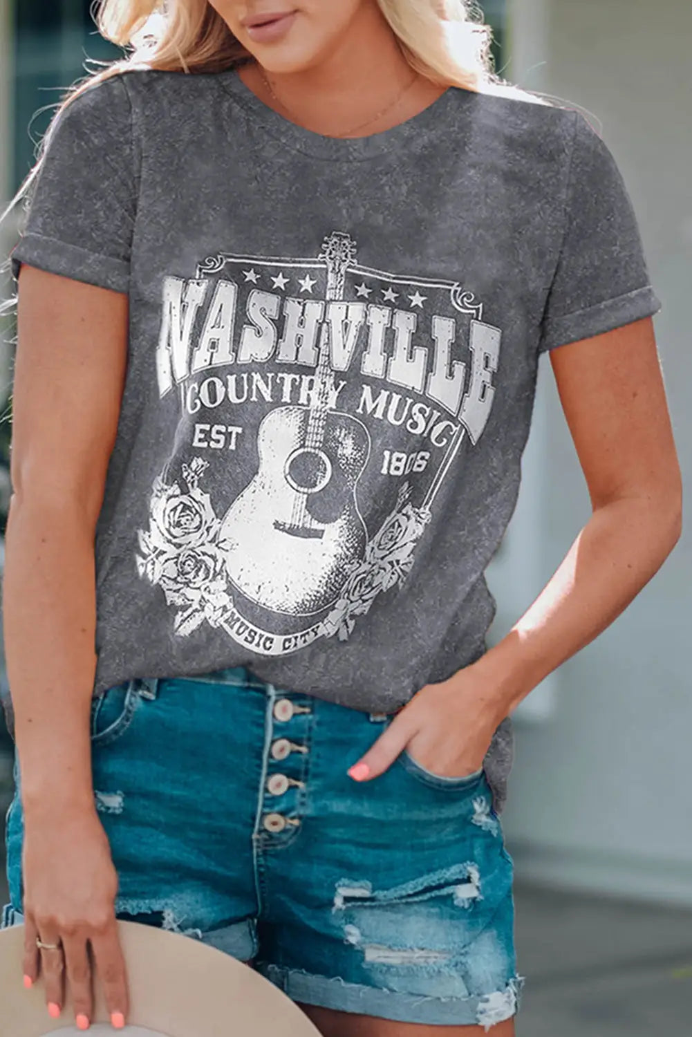 Red nashville music city graphic mineral washed tee - t-shirts