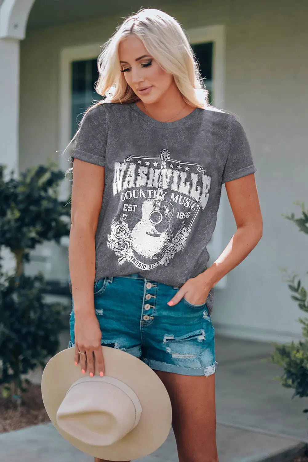 Red nashville music city graphic mineral washed tee - t-shirts