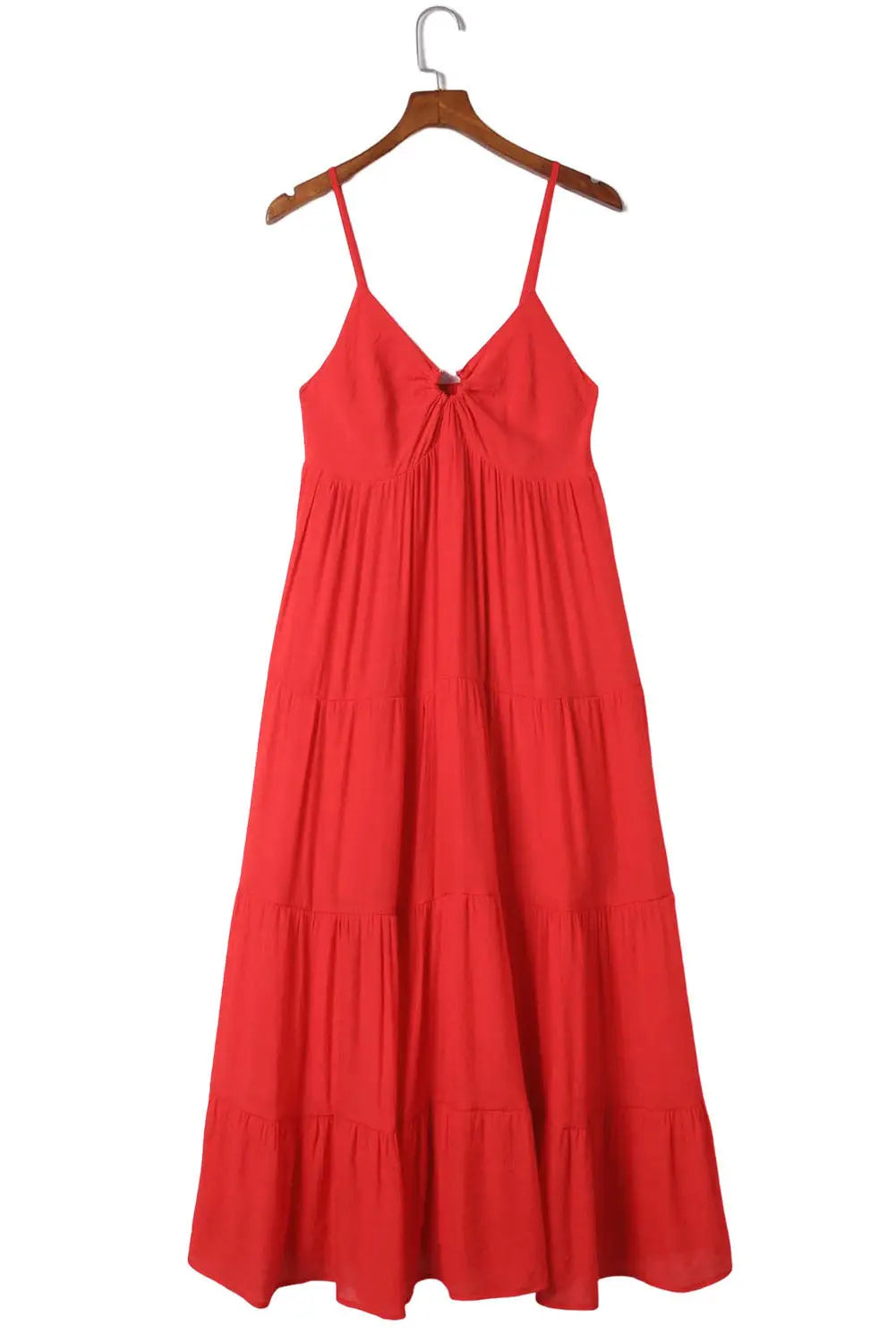 Red o-ring smocked back spaghetti straps tiered maxi dress - dresses