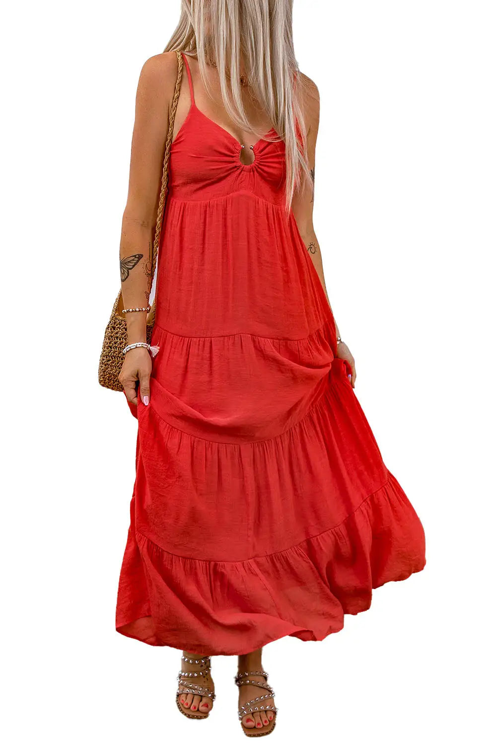 Red o-ring smocked back spaghetti straps tiered maxi dress - dresses