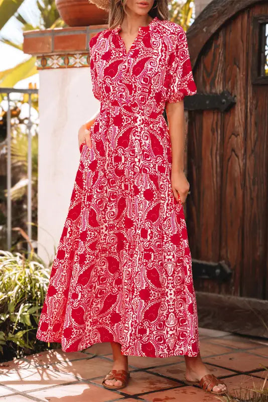 Red paisley maxi dress - side slit by fashionfitz