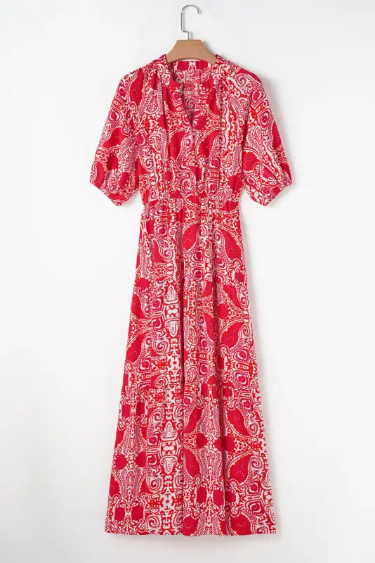 Red paisley maxi dress - side slit puff sleeve high waist