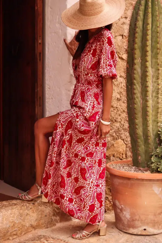 Red paisley maxi dress - side slit puff sleeve high waist