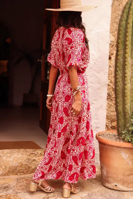 Red paisley maxi dress - side slit puff sleeve high waist