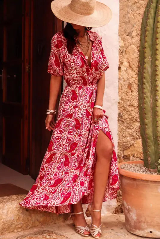 Red paisley maxi dress - side slit puff sleeve high waist