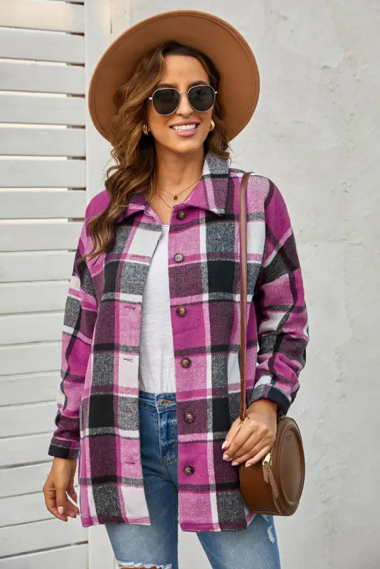 Red plaid buttoned shirt jacket - shackets