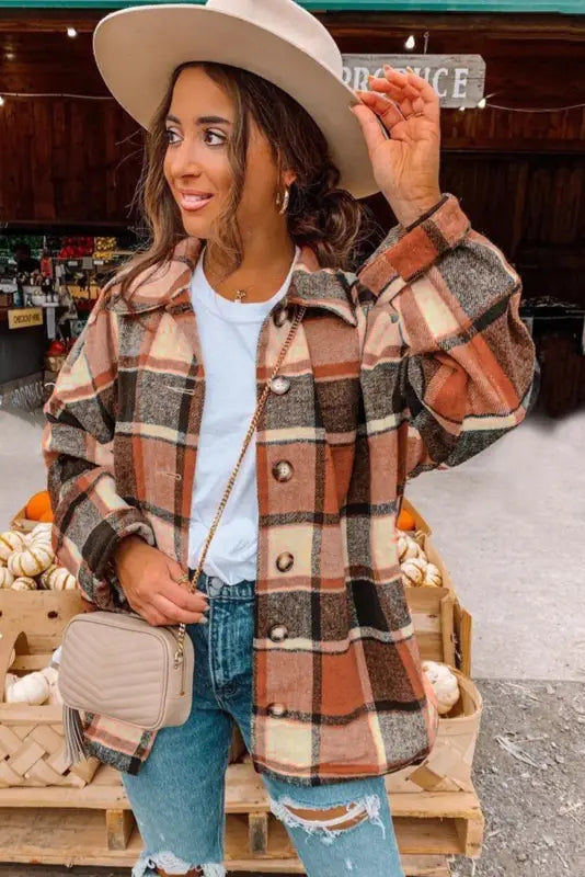 Red plaid buttoned shirt jacket - shackets