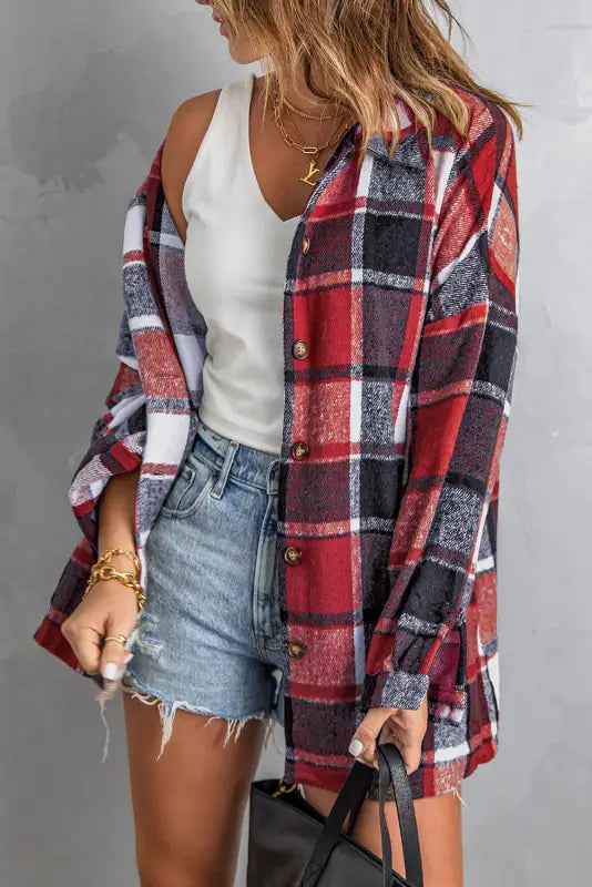 Red plaid buttoned shirt jacket - shackets